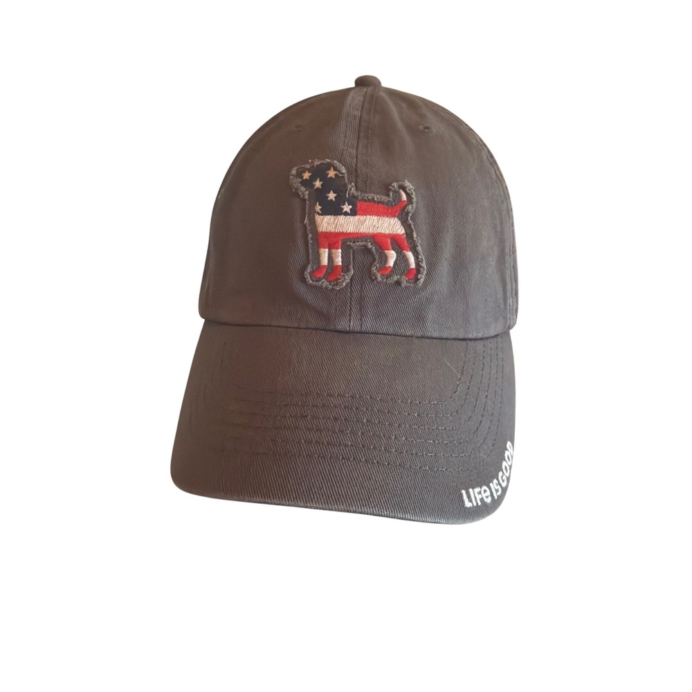 Life is Good Baseball Cap Gray Rocket Dog American Flag Patch Adjustable Hat